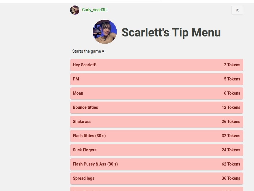 Menu de gorjetas do MyFreeCams com preços em tokens
